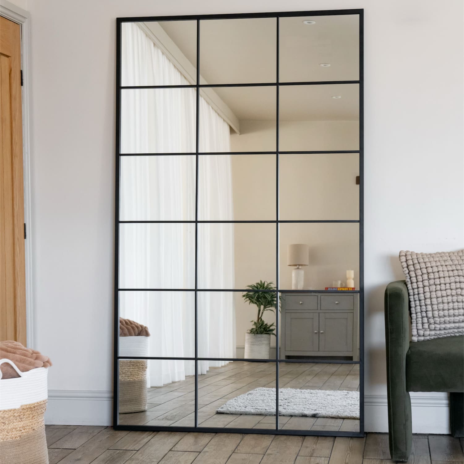 Kyō - Black Metal Rectangle Lattice Window Mirror - 90cm x 70cm main image 1