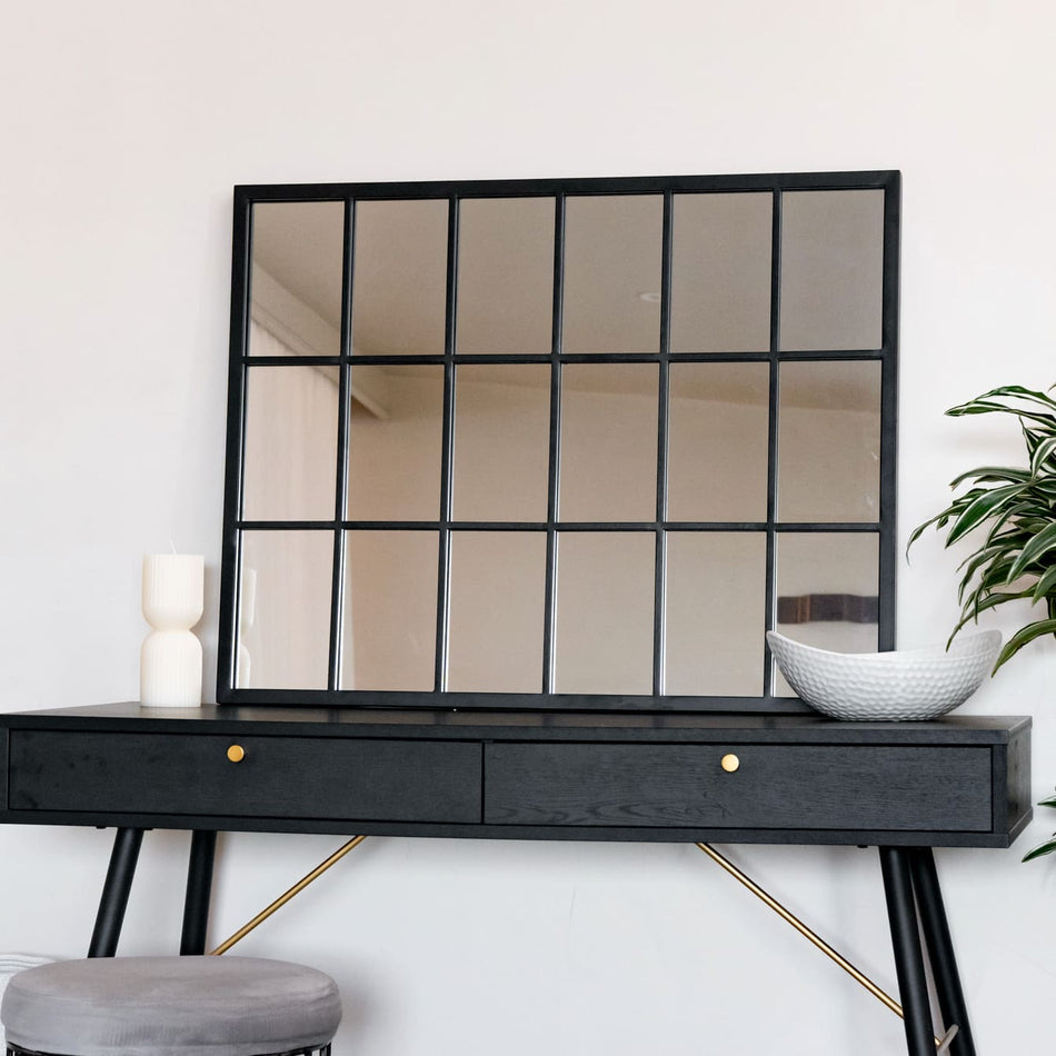 Kyō - Black Metal Rectangle Lattice Window Mirror - 90cm x 70cm