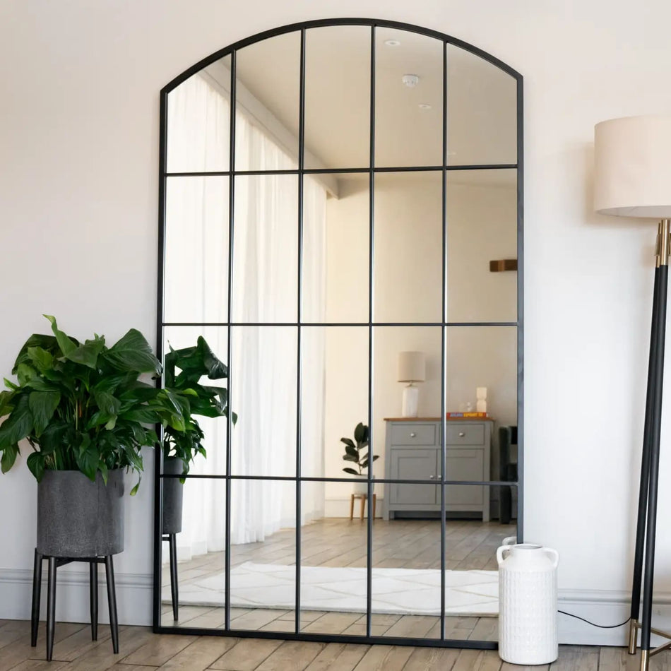 Tomi - Full Length Black Metal Arched Lattice Window Mirror - 180cm x 105cm.