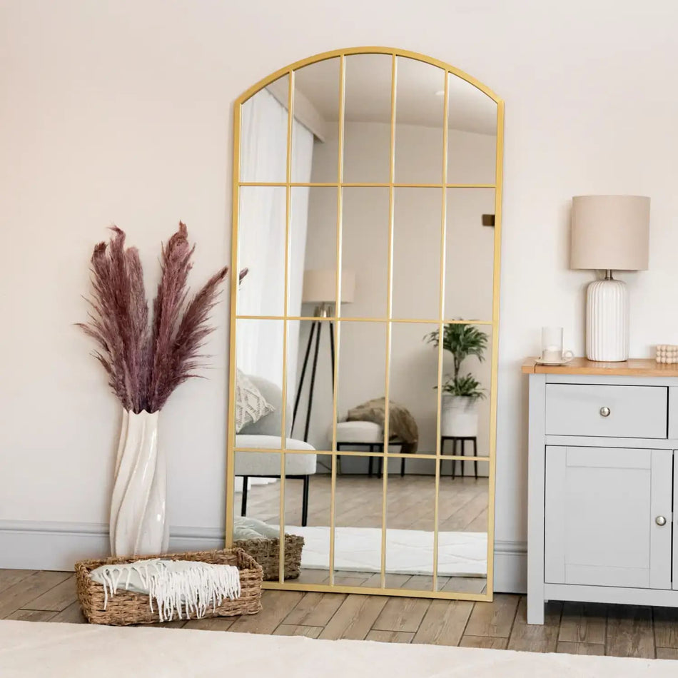 Tomi - Full Length Gold Metal Arched Lattice Window Mirror - 150cm x 60cm.